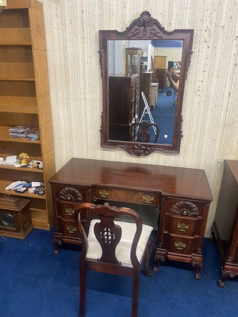 Carved Antique French Vanity Chair & Mirror (1 of 15)