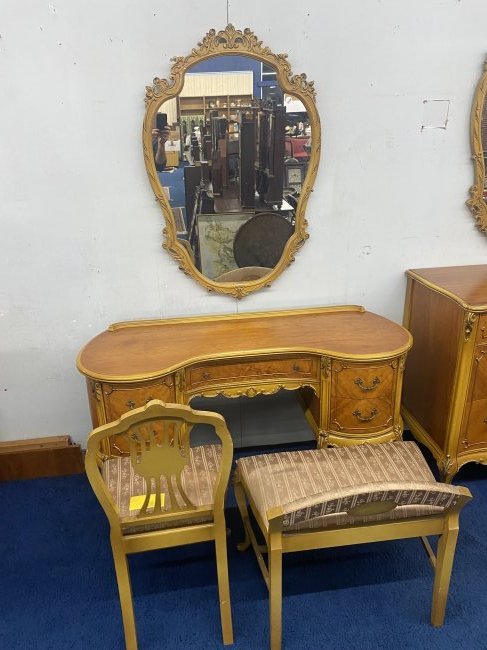 Antique French Satinwood Vanity with Mirror, Chair, and Stool (1 of 9)