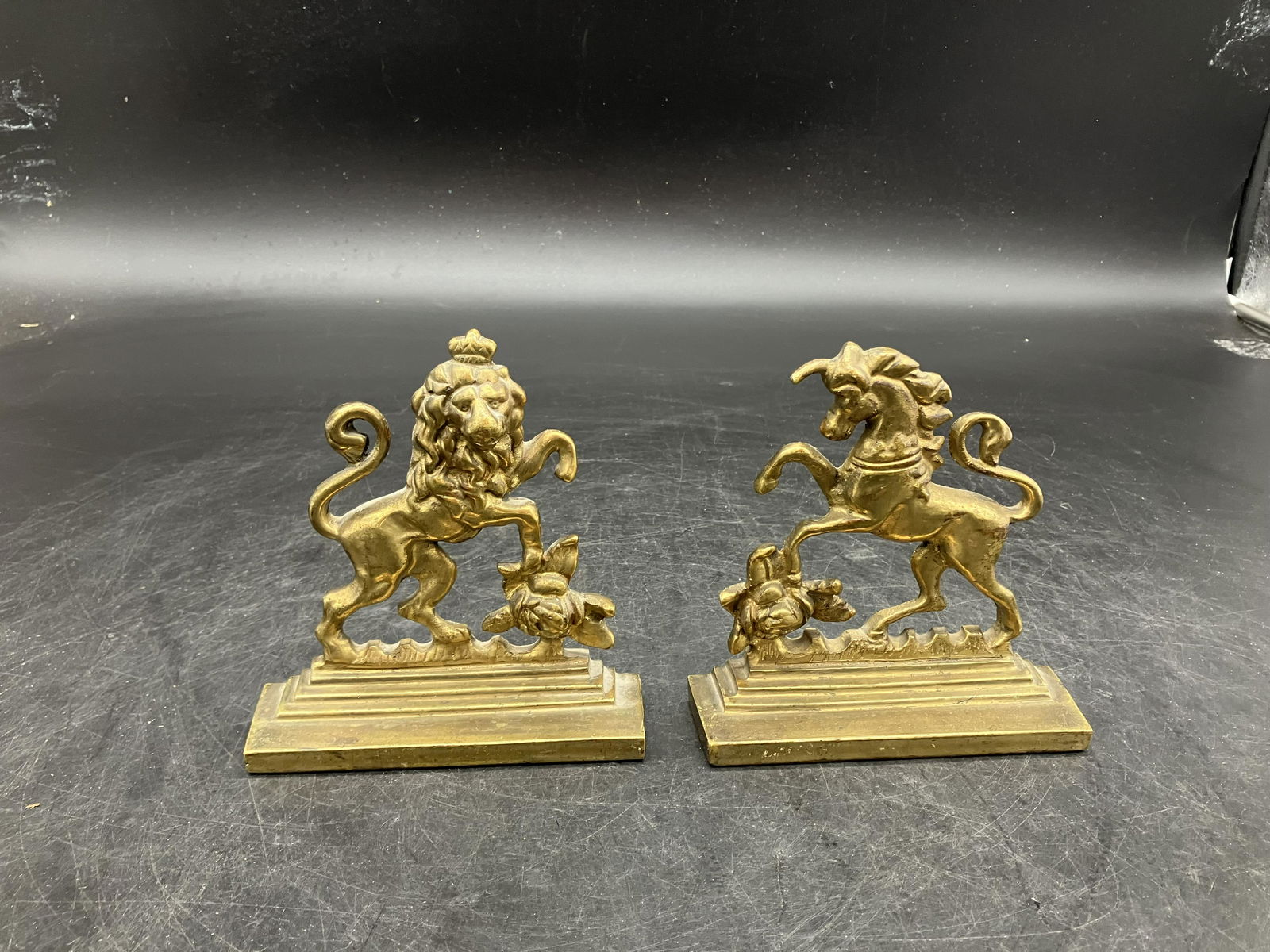 Pair of Armorial Bookends: 5.5"H.