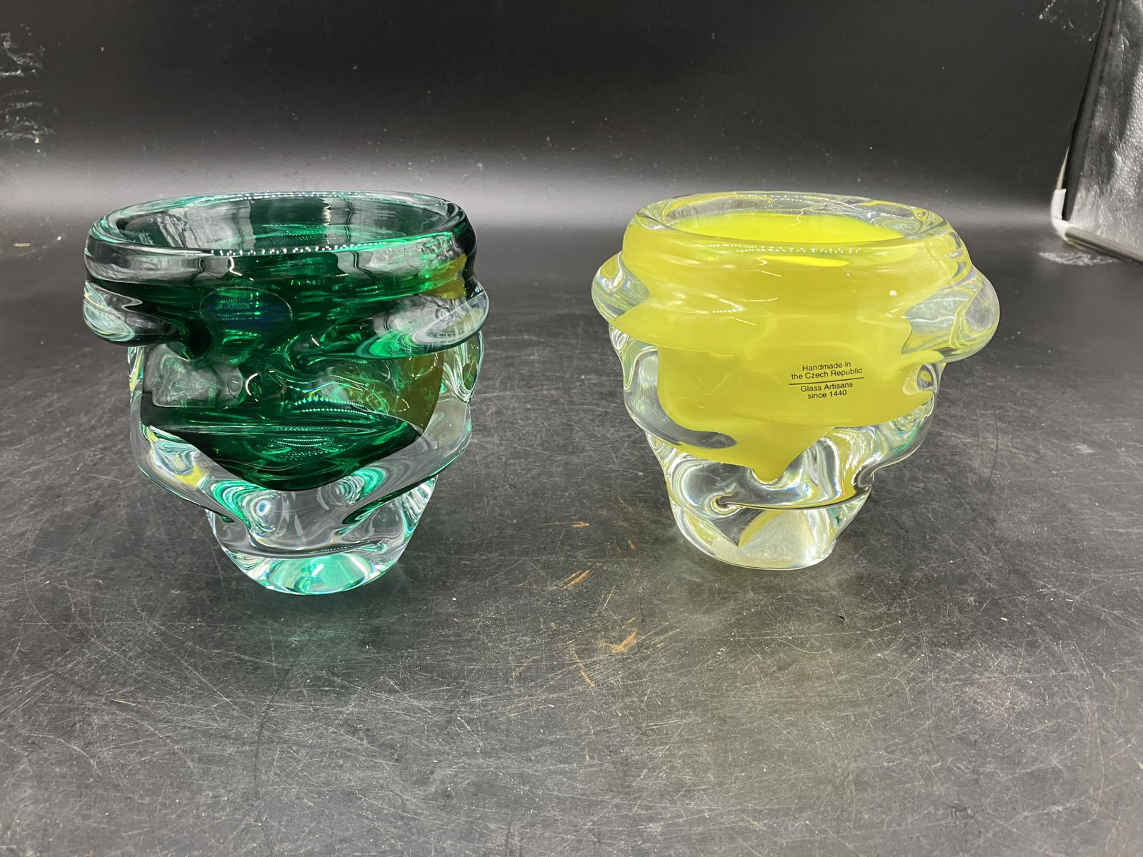 Two Czech Art Glass Vases: abstract form, 6"H.
