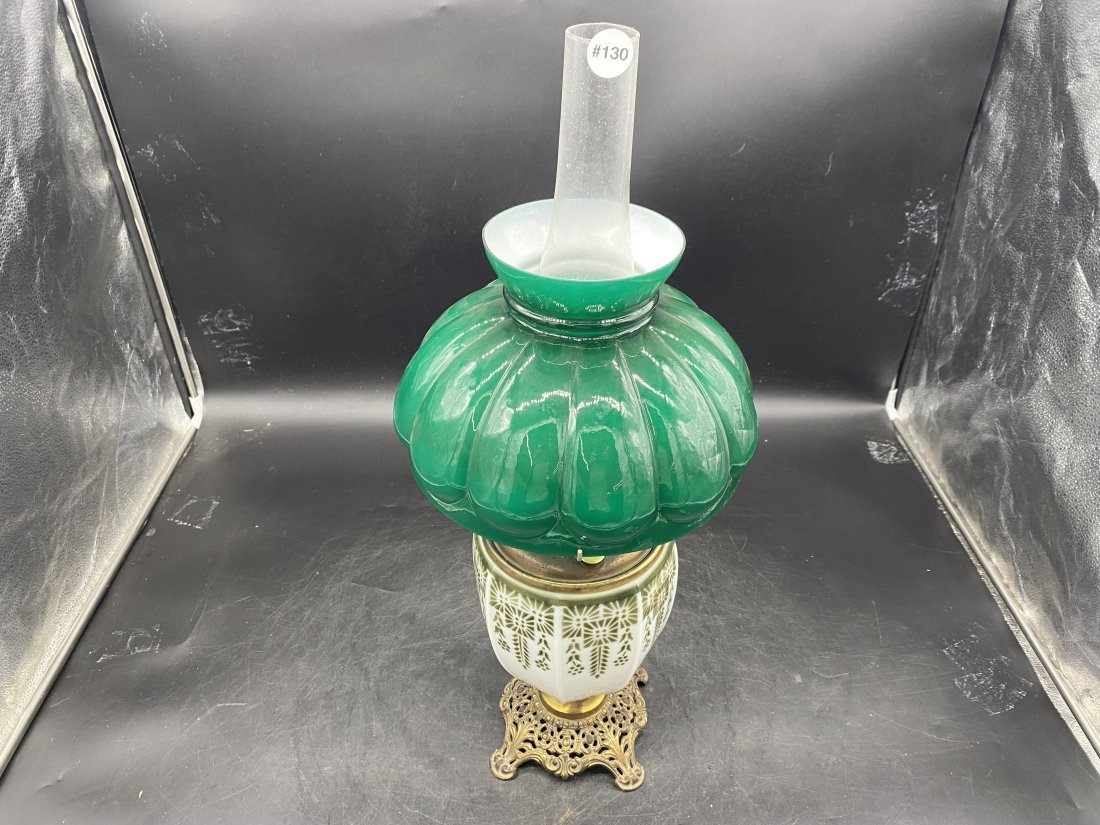 Antique Parlor Lamp: 24" to chimney with 10" round shade, never electrified