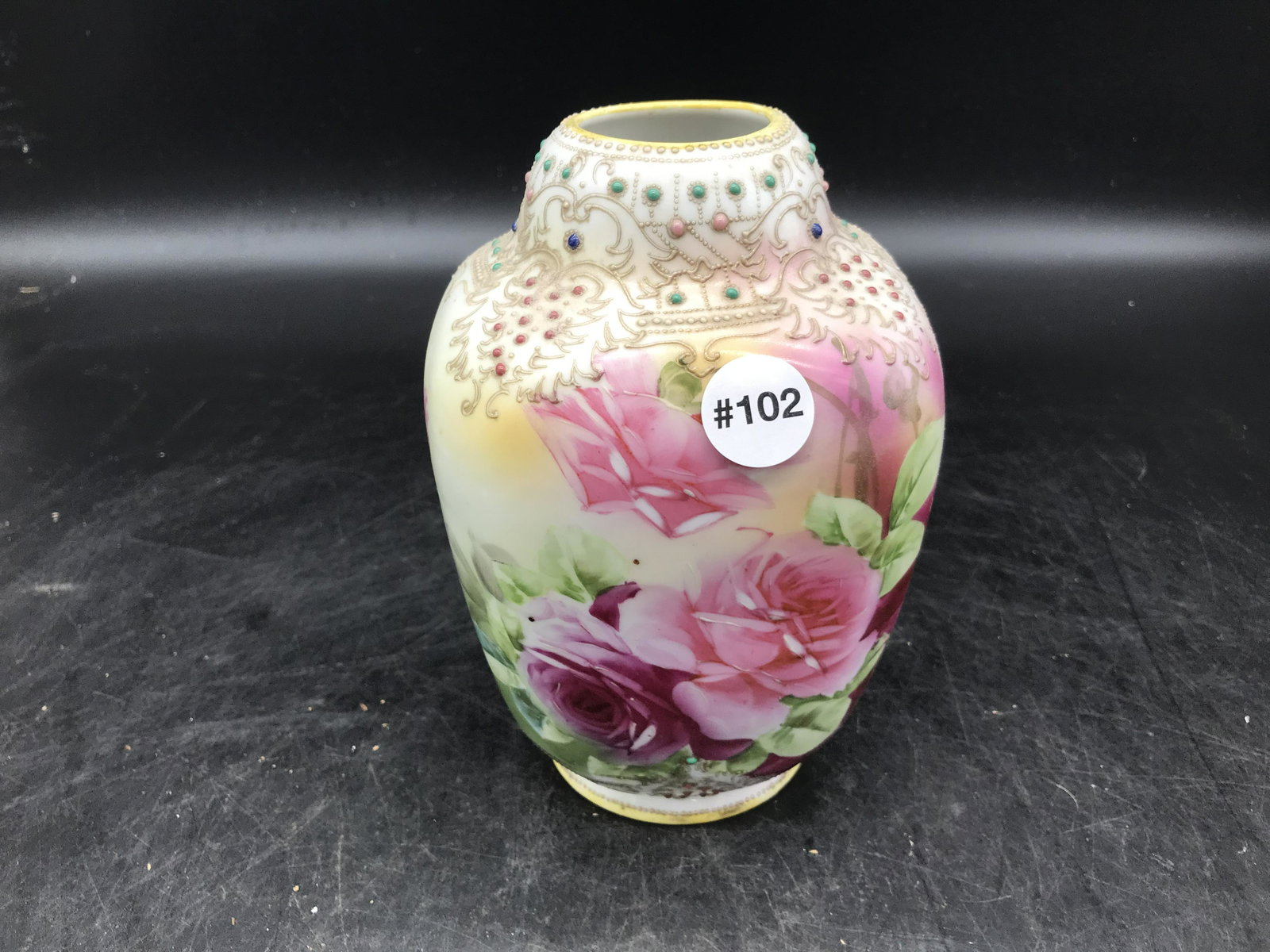 Jeweled/Beaded Nippon Vase: Measures 8" H.