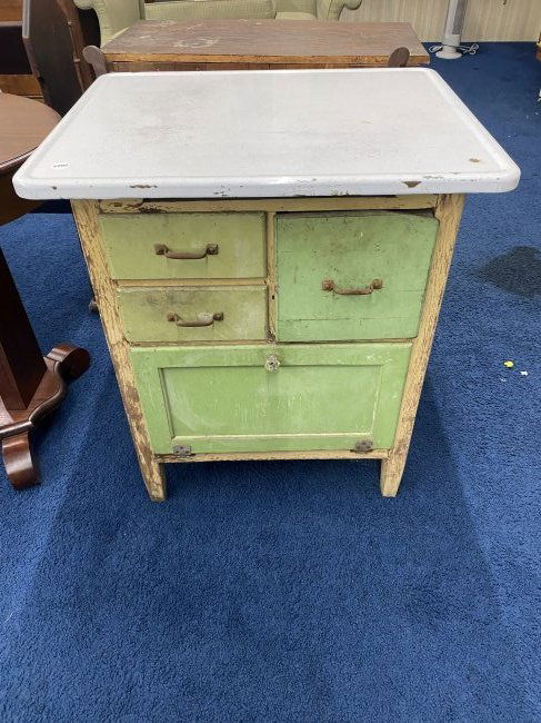 Vintage metal cabinet 2024 with enamel top
