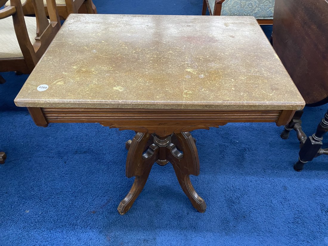 Antique Marble Top Table: Measures 28" x 27" x 19". Sits on a walnut base.