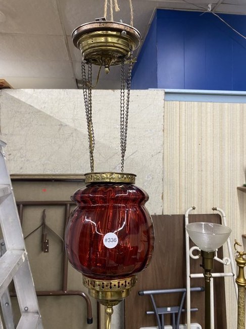 Antique Cranberry Hanging Light: 24"x8" round, has original brass fittiongs