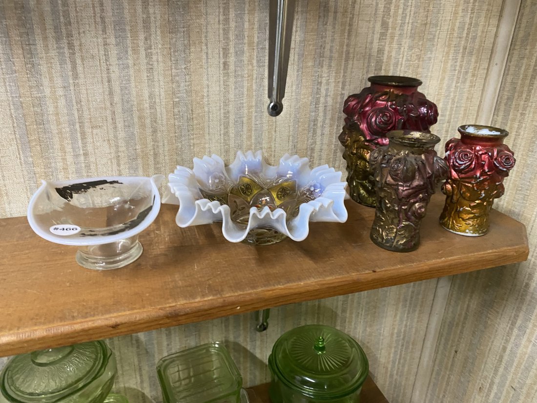Five Goofus Glass Vases & Two Bowls: Tallest 7" H x 5" round.