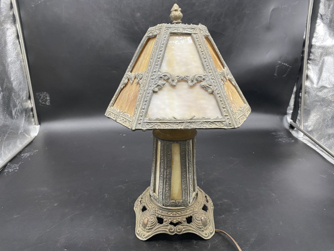 Antique Slag Glass Lamp: 17" high with 12" shade, lights up in base and shade