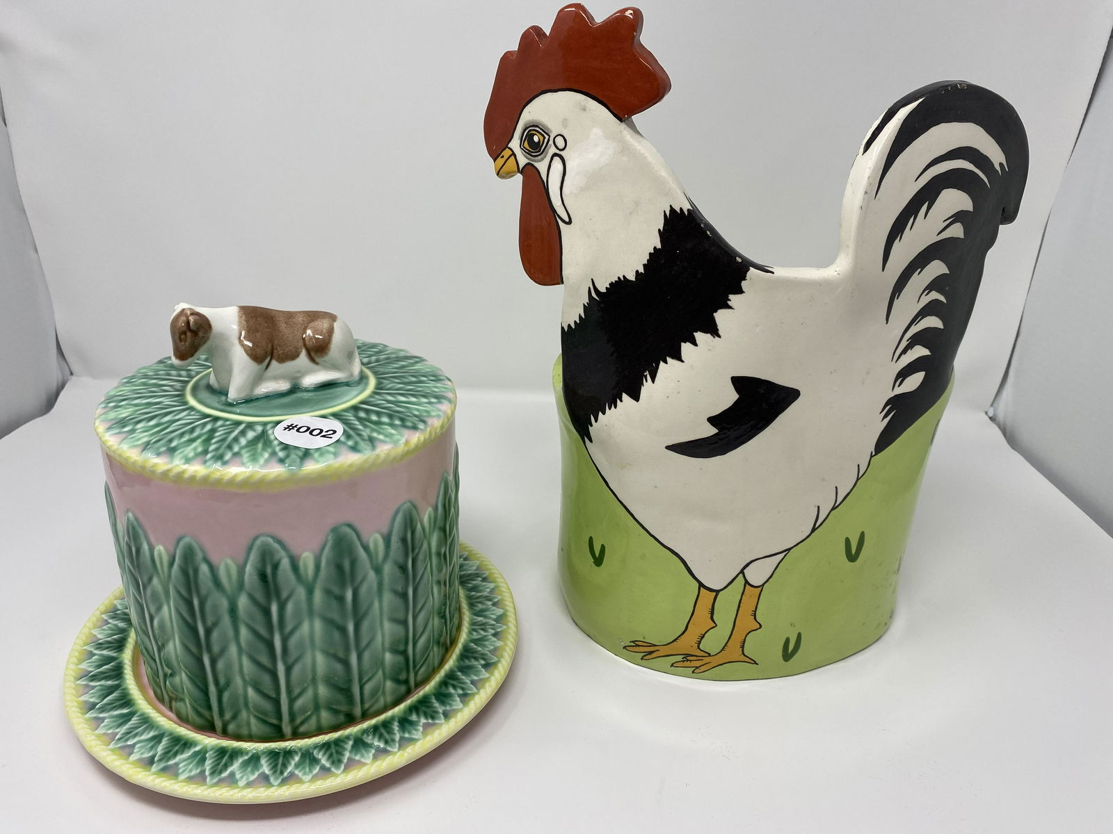 Majolica Cheese Keeper & Rooster Planter (1 of 2)