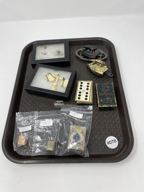 Lot Of Antique Miniatures: Includes irons on trivets, playing cards, scales of justice, and more.