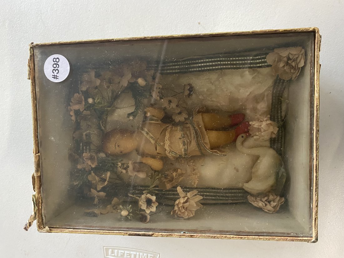 Antique Memorial with Wax Doll: shadow box is 4"x7"x10", has original interior