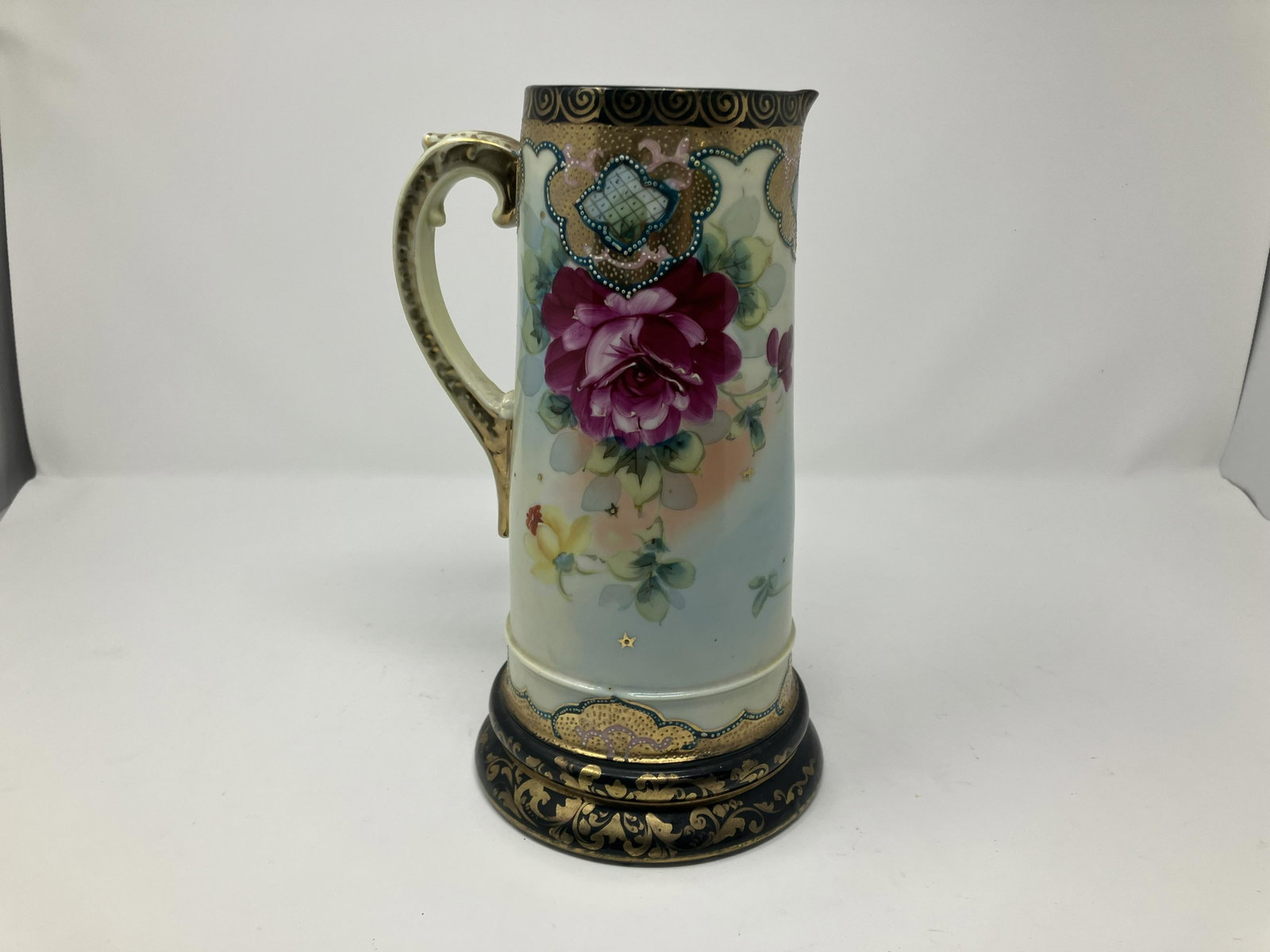 Nippon Tankard: Pink roses decoration, 10"H.