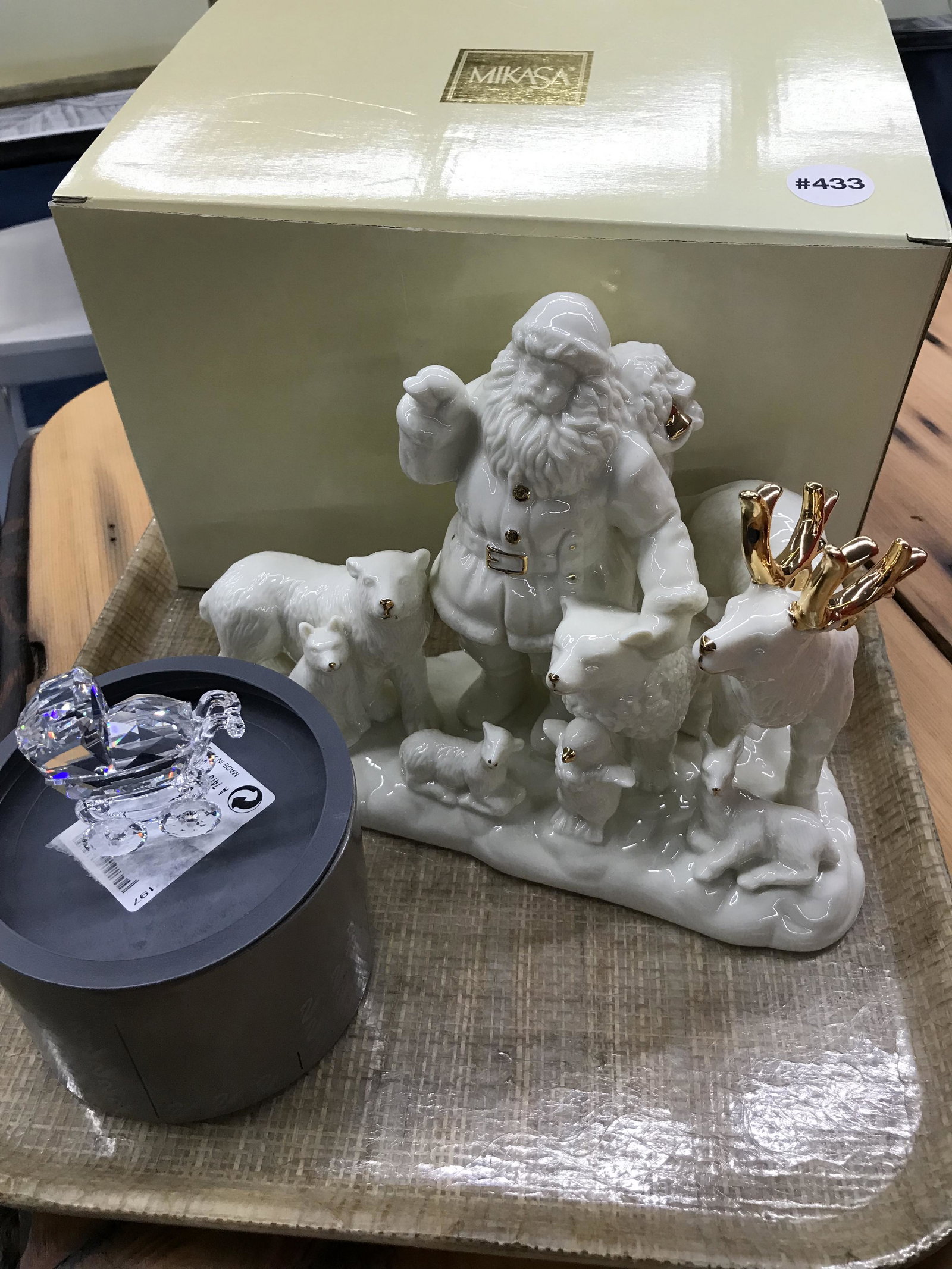 Mikasa Santa Animal Scene & Swarovski Baby Buggy: Mikasa box measures 11" x 8".