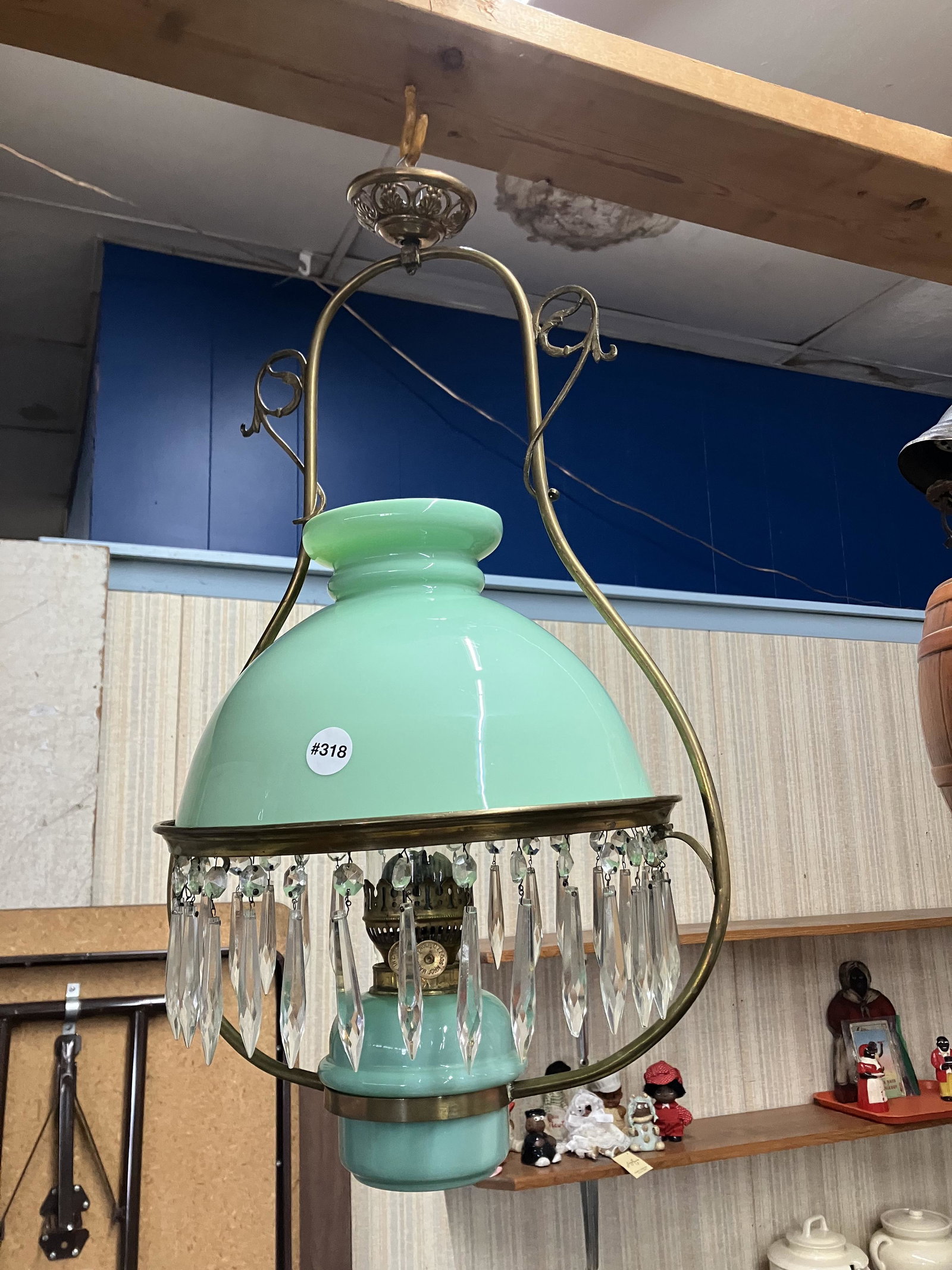 Jadeite Hanging Light: jadeite shade, includes all prisms. 25"x15".