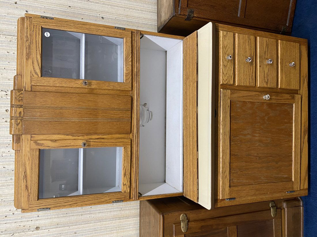 Art Deco Oak Hoosier Cabinet: 70"x40"x23", has original sifter and tag