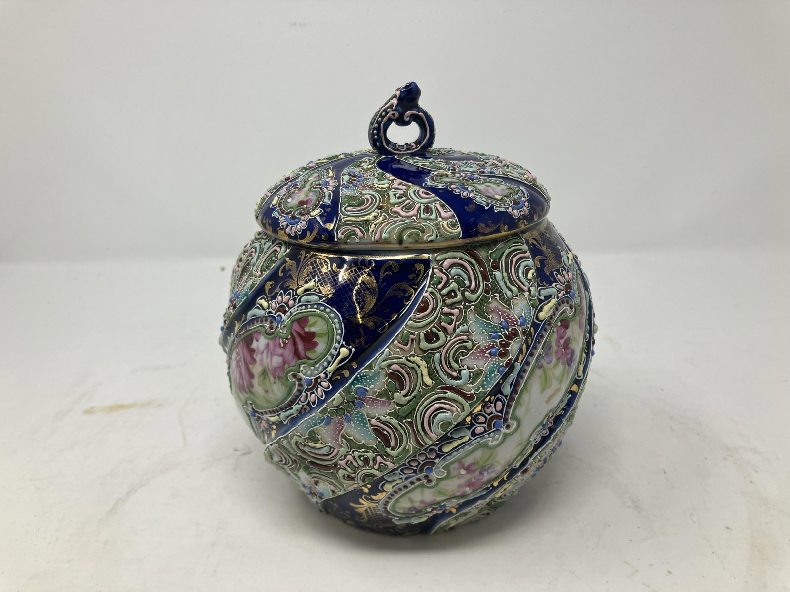 Nippon Moriage Lidded Jar: hand painted and moriage decorated. 7"H.