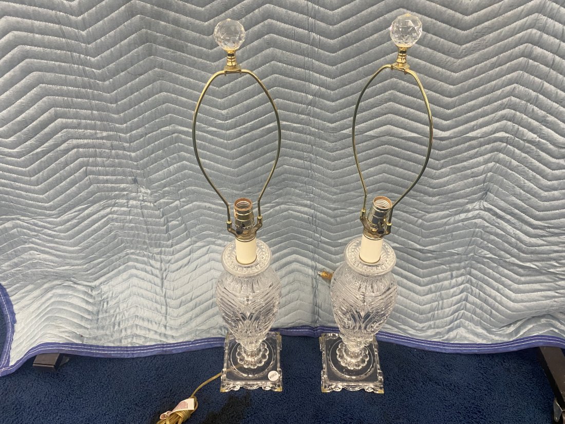 Pair of Glass Lamps: Measure 33" x 6" x 6" base.