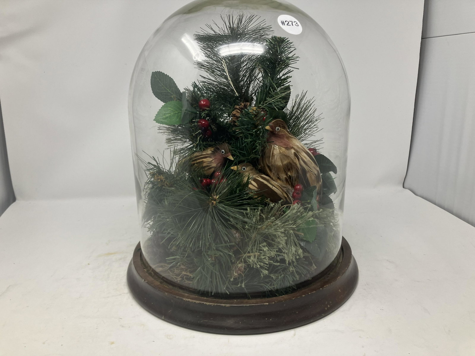 Glass Dome w/ Decor: faux birds and plants under vintage glass dome. 14"H.