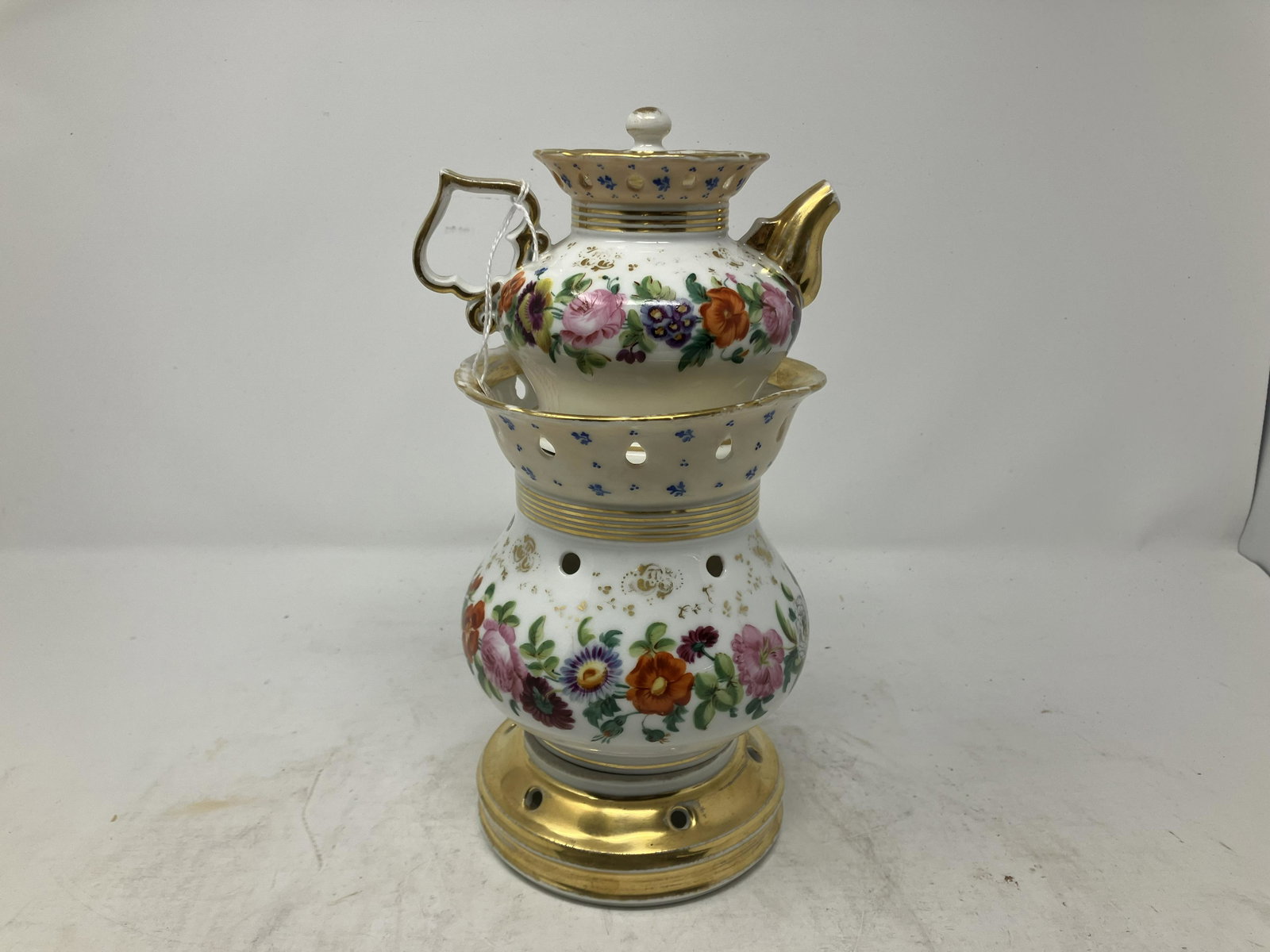 Old Parris French Veilleuse: unmarked, hand painted. 11"H. Comes apart into four pcs w/ lid.