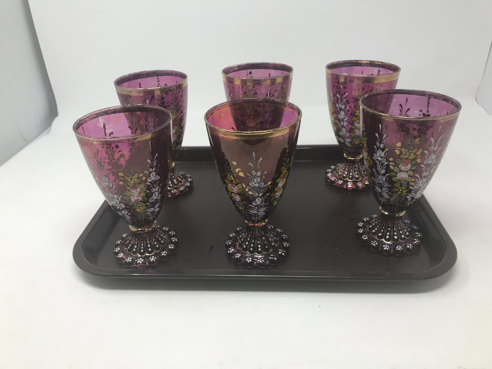 Six Victorian Art Glass Enamel Goblets: enamel decorated, hand blown, 5"H.