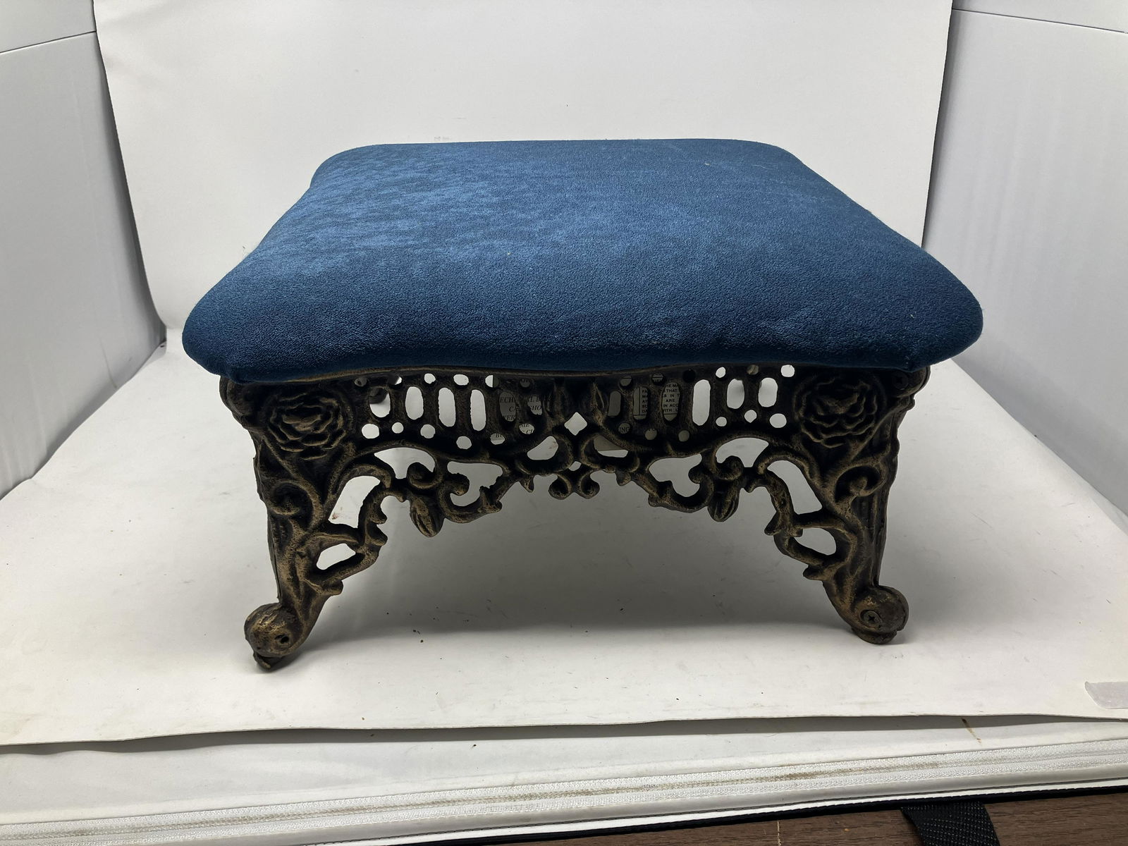 Cast Iron Upholstered Footstool: 15"x15"x8".