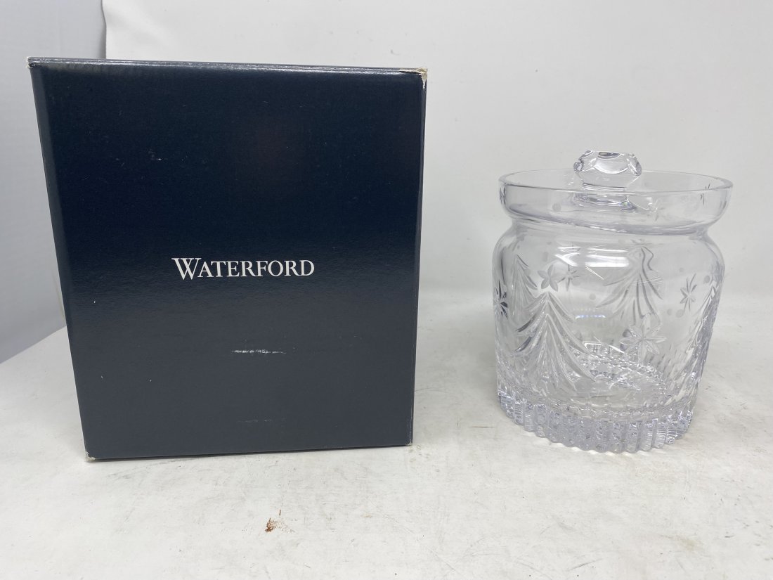 Waterford Christmas Night Biscuit Barrel: in original box 9"x8"x8", jar is 6"x5"