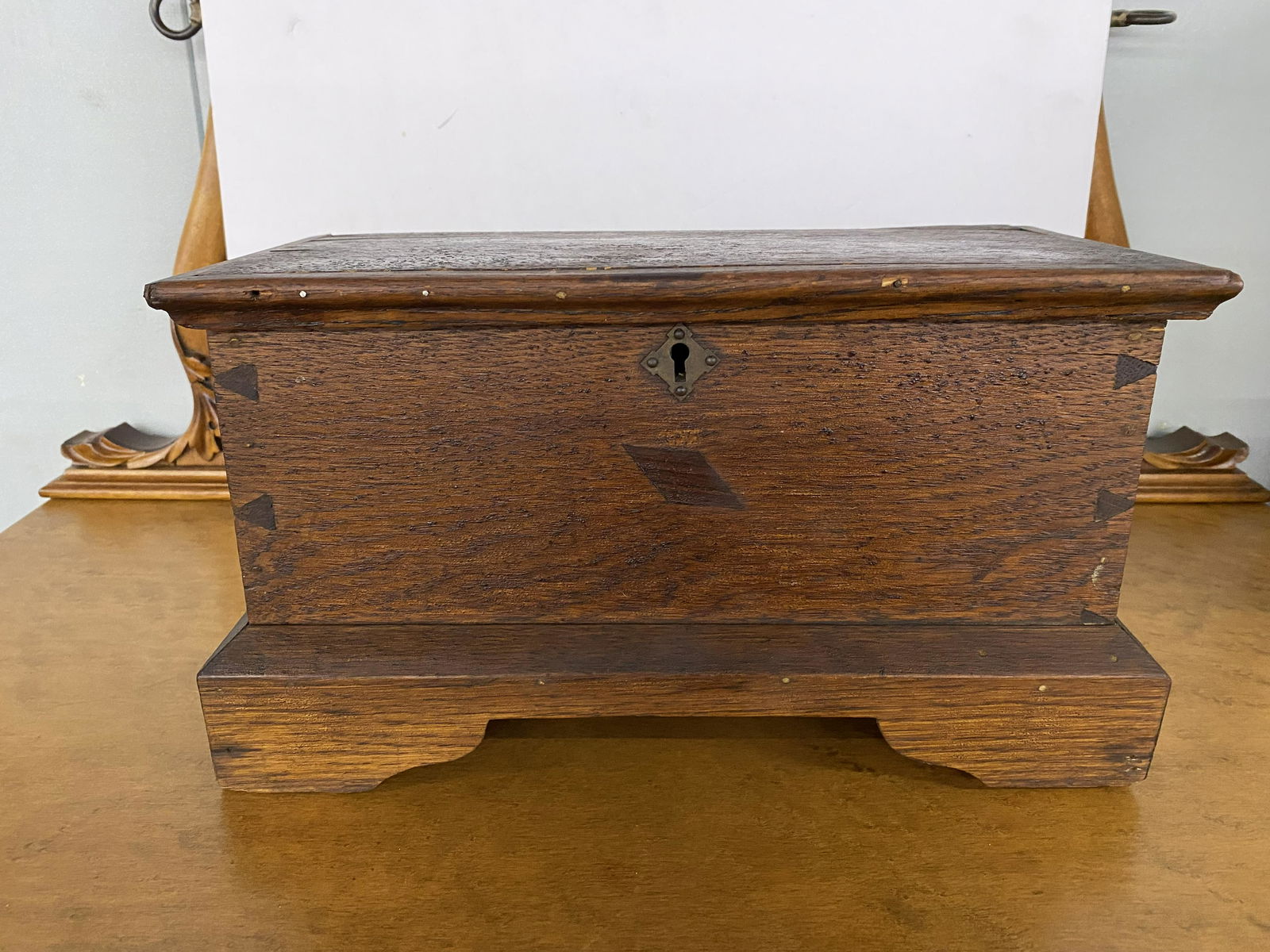 Miniature Antique Oak Blanket Chest: Measures 9" x 14" x 7". Dovetailed construction, has interior till.