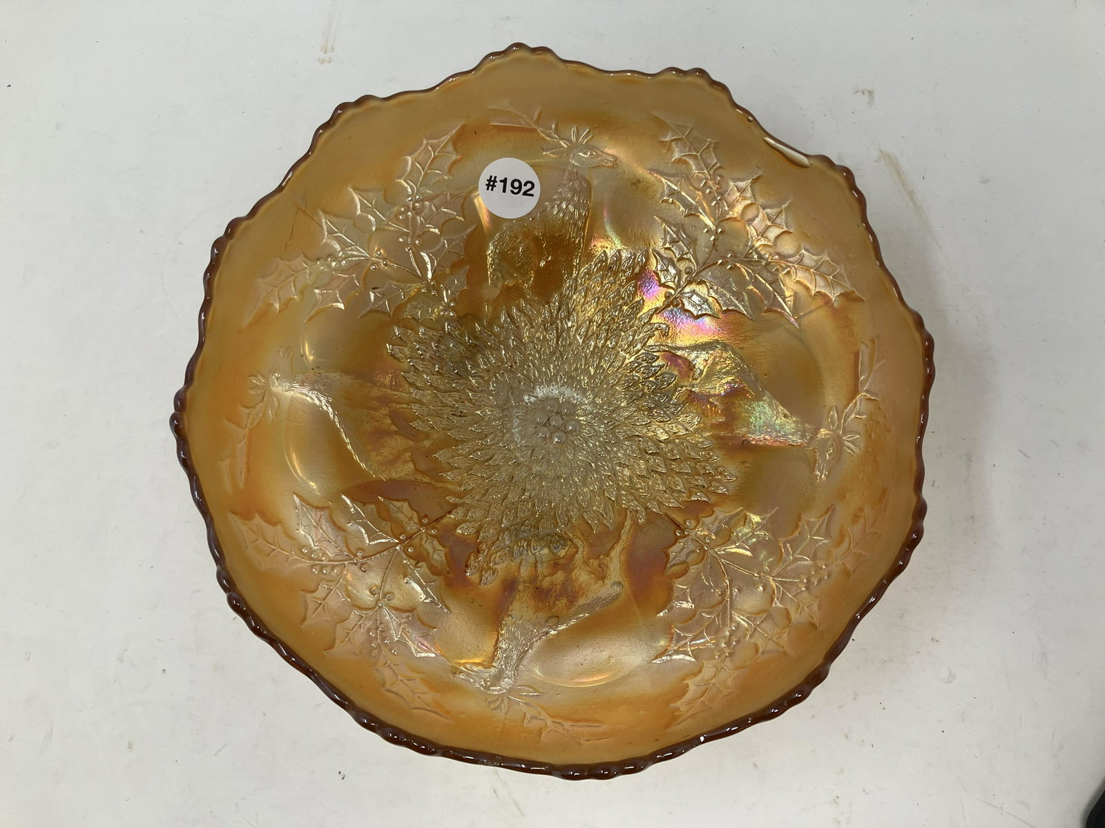 Carnival Marigold Stag and Holly Bowl: 10.5"W.