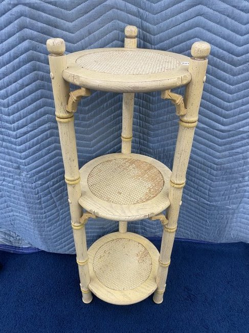 JB Van Sciver Bamboo and Wicker Pedestal: tag underneath top, 36"x12".