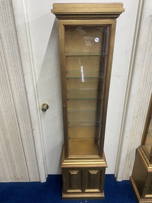 Mid Century Gilt Curio: 68"x18"x11", has 5 glass shelves