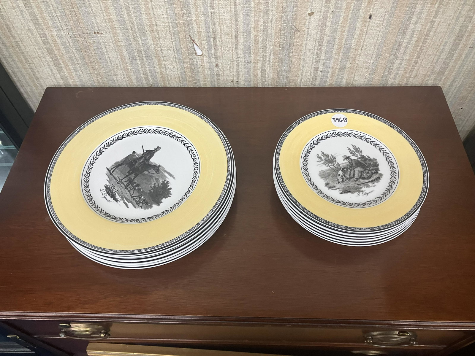 12 Pcs Villeroy & Boch Audun Chasse: six bread plates and six dinner plates, some with tags. dinner plates 11"W.