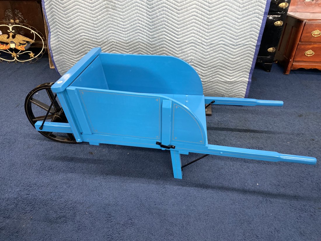 Wooden Wheelbarrow with Paint Decoration: 26"x70"x22", has stencil decoration, heavy metal wheel