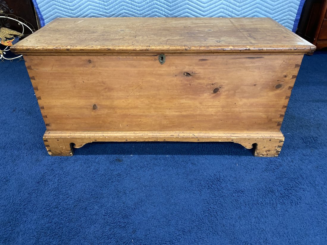 Antique Blanket Chest: 25"x51"x22", has original strap hinges, dovetailed feet and body