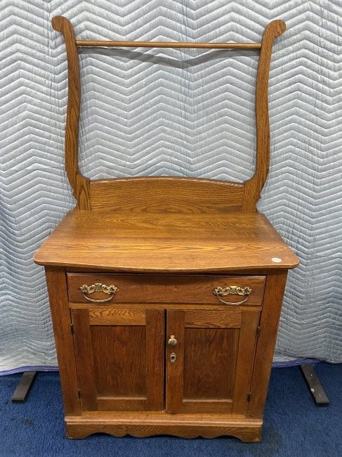 Antique Oak Washstand: 53"x29"x19", with towel bar