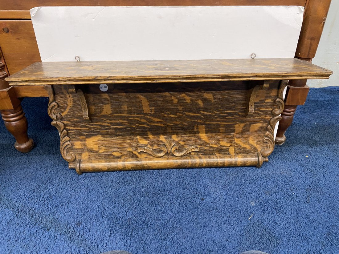Antique Oak Shelf: Measures 17" x 31" x 8". Has applied carvings.