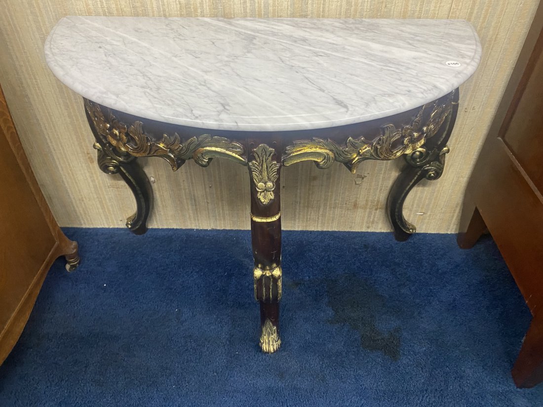 Antique Marble Top Wall Table: Measures 28" x 36" x 18". Has shell carvings with gilt trim paint.