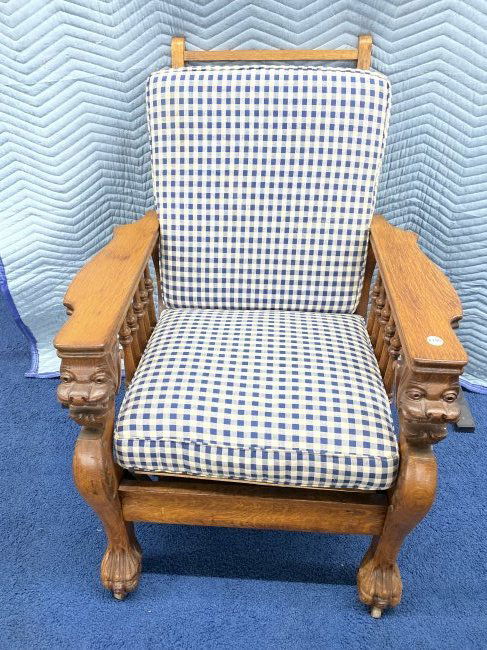 Antique Oak Morris Chair: 38"x30"x23", has carved lion's heads on arms and carved claw feet