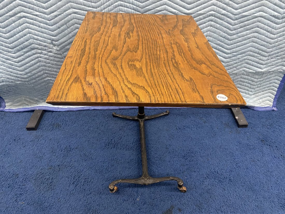Antique Drafting Table: 24"x24"x18", has oak top, adjustable cast iron base