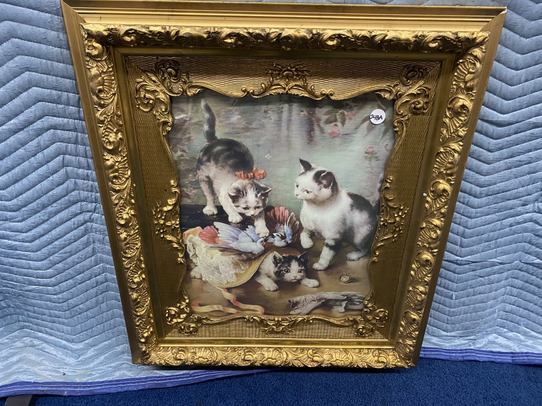 Print of Kittens in Antique Frame: Gilt wood frame measures 30" x 26".