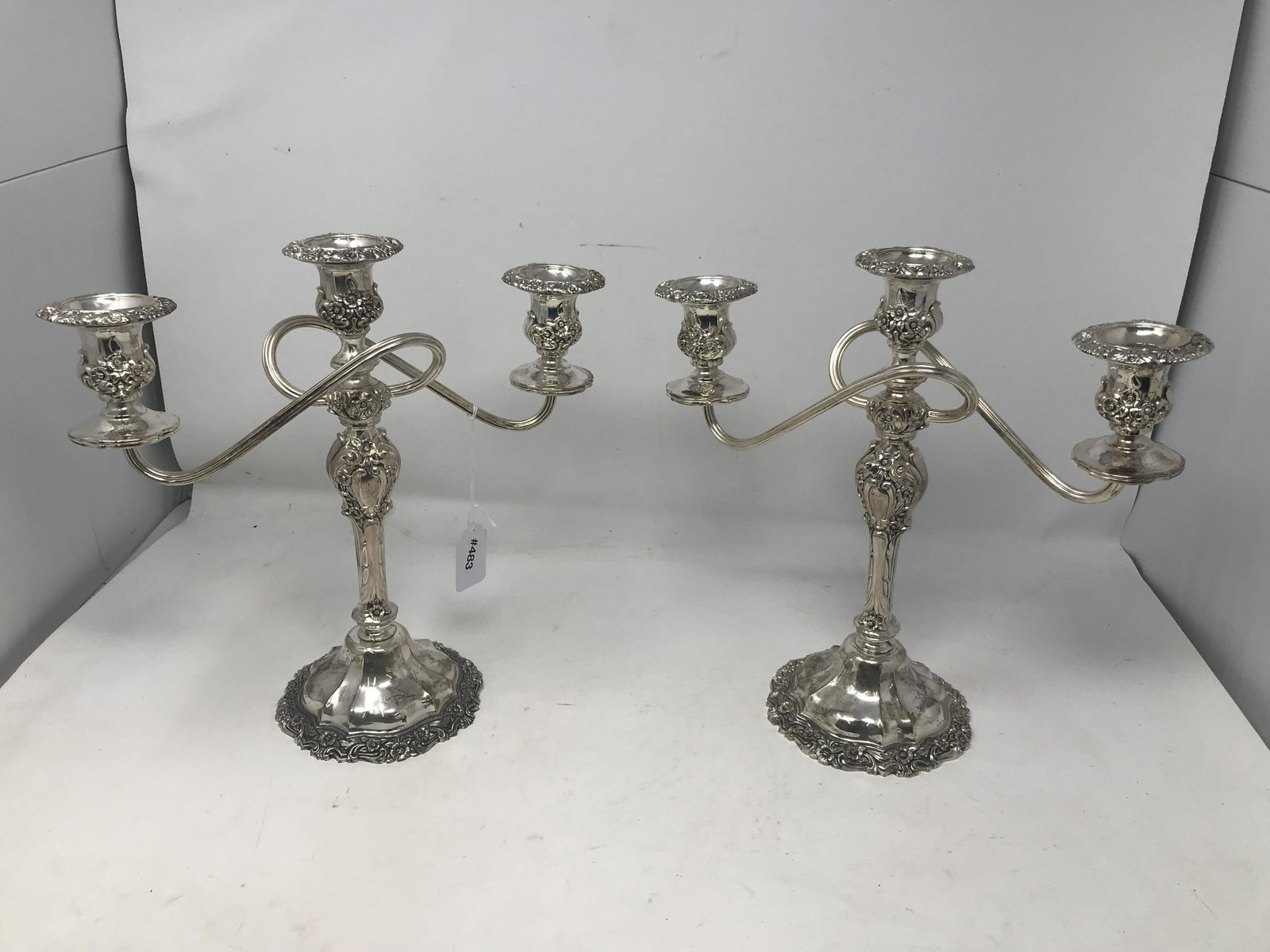 Pair of Silver Plated Candelabras: Measure 12" x 12".