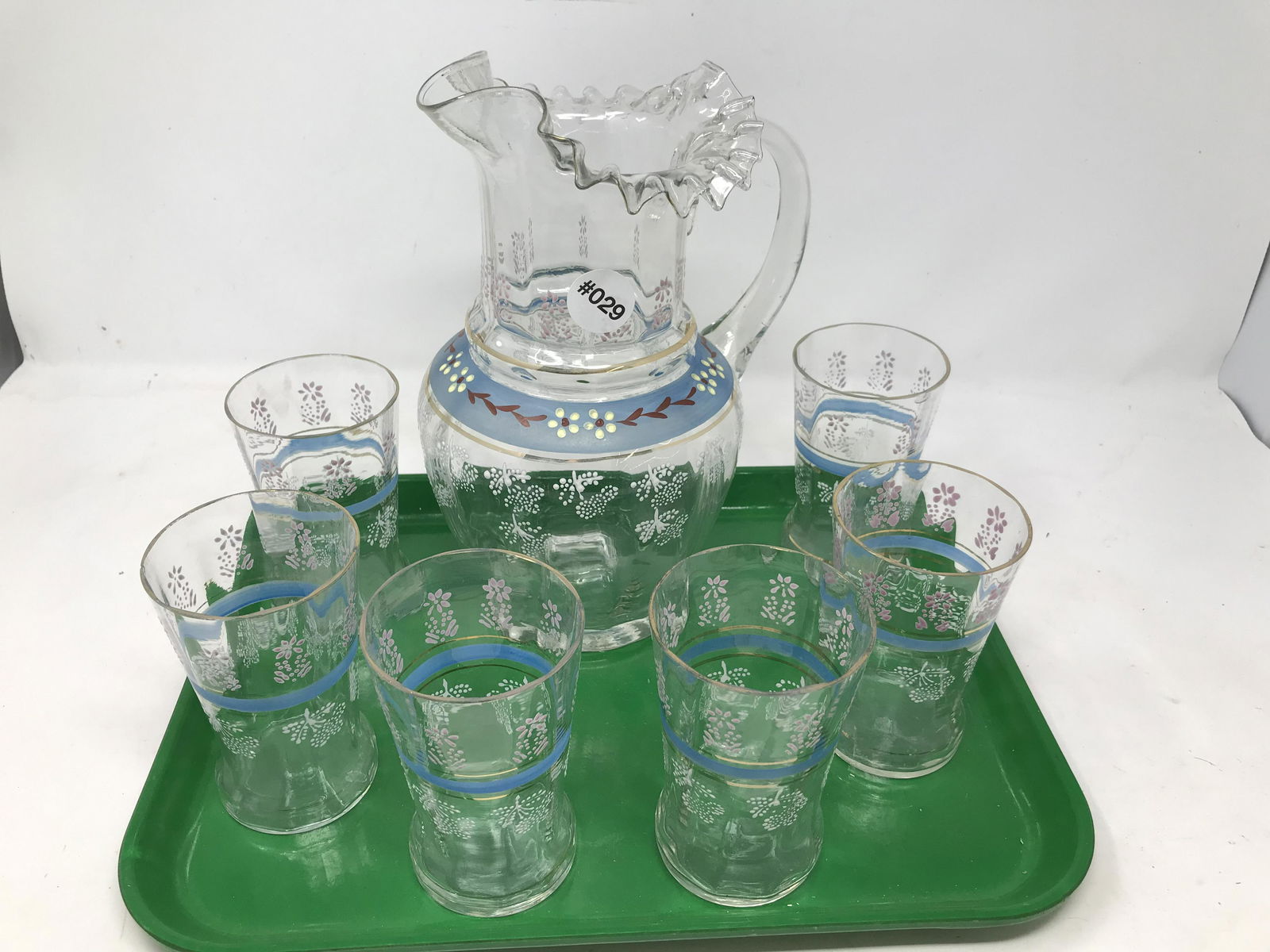 Enamel Blown Water Set: pitcher hand blown and painted. 9.5"H.