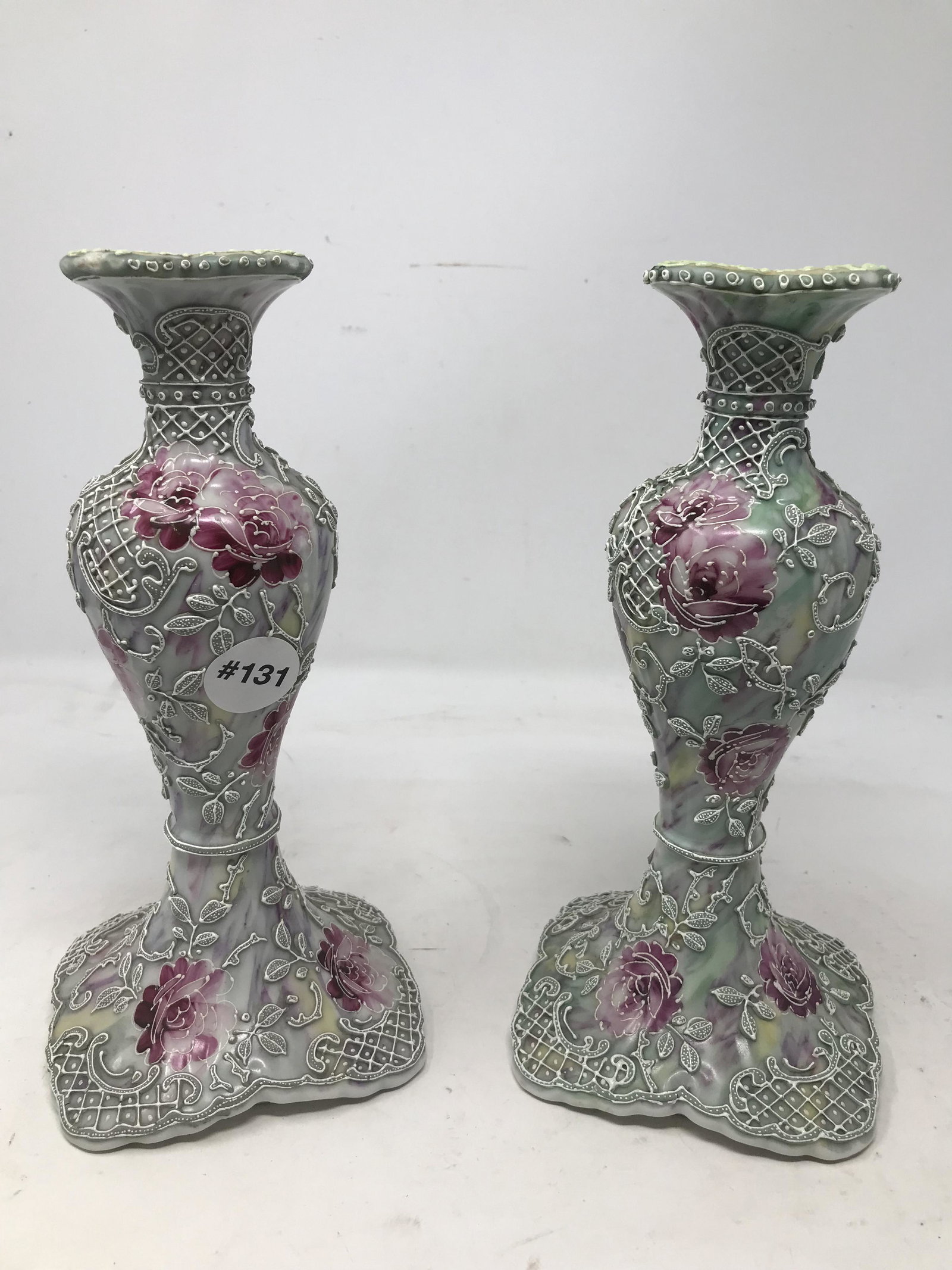 Nippon Moriage Candlesticks: rose decoration, 9"H.