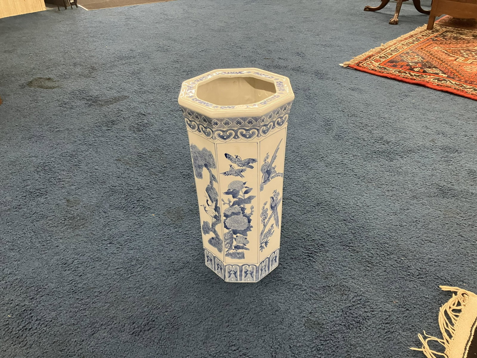 Oriental Blue and White Umbrella Stand: 21"H. stork and bird design.