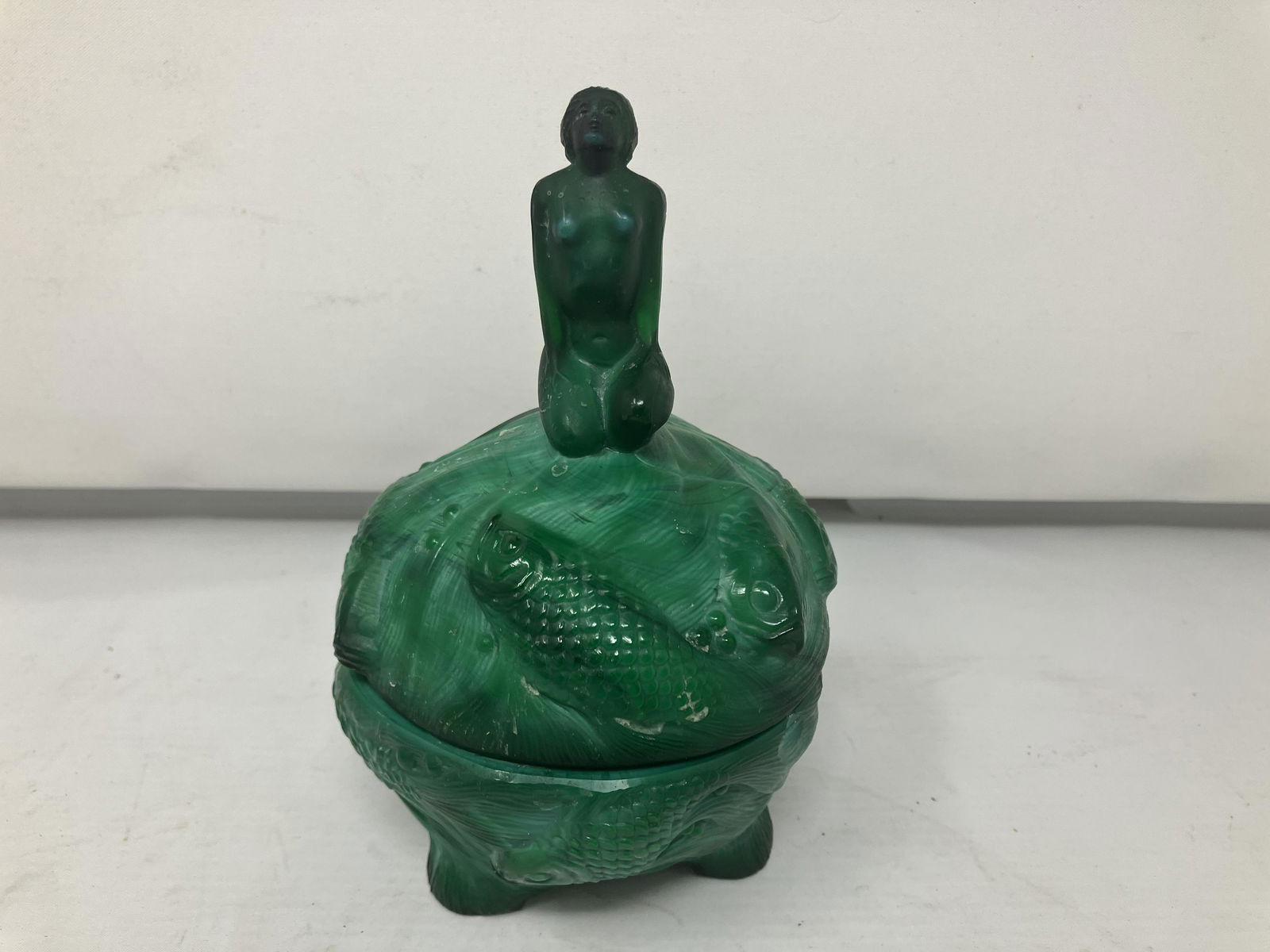 Malachite Figural Powder Jar: 6"H, fish decoration.