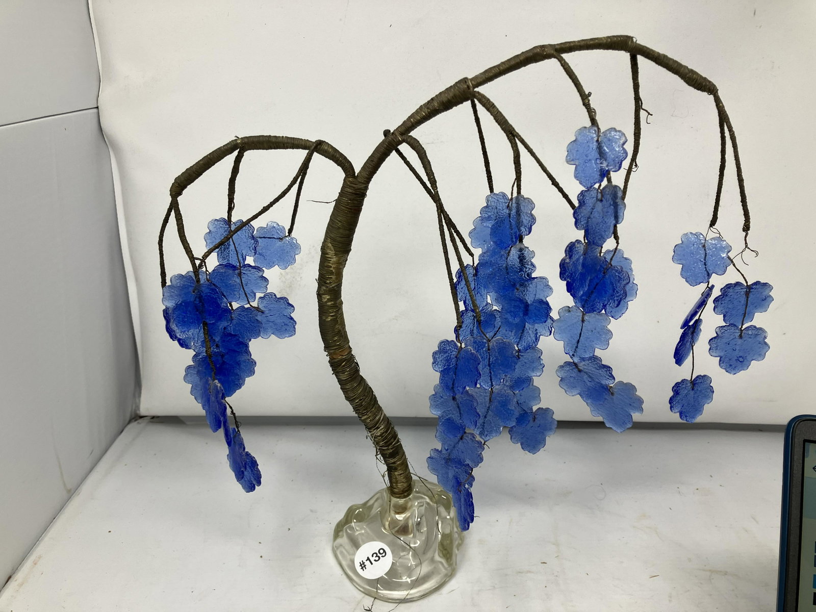 Mid Century Art Glass Tree: 14"H, glass base with wire arms and art glass leaves.
