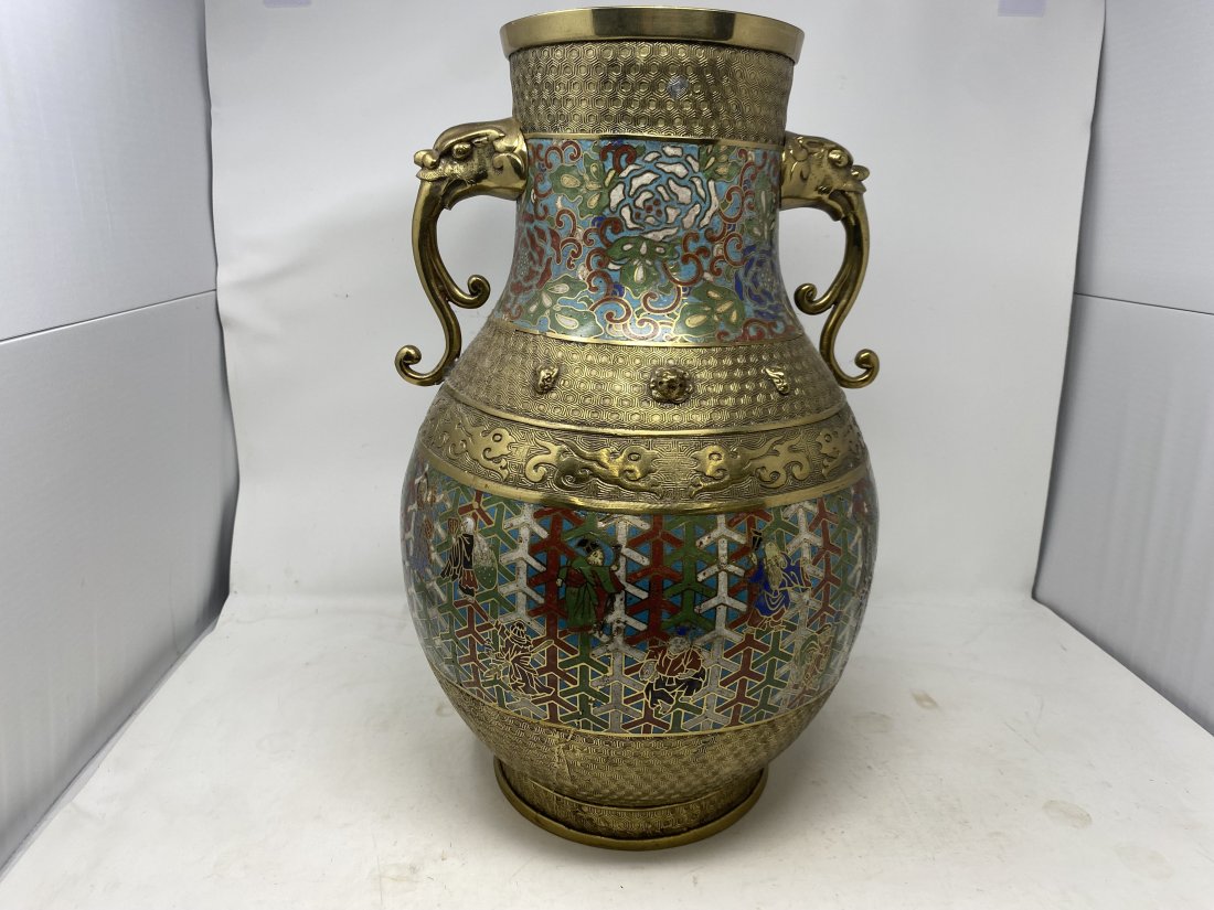 Oversized Bronze ChamplevÃ© Vase: hand painted, lions head handles, applied foo dogs heads. 19"H.