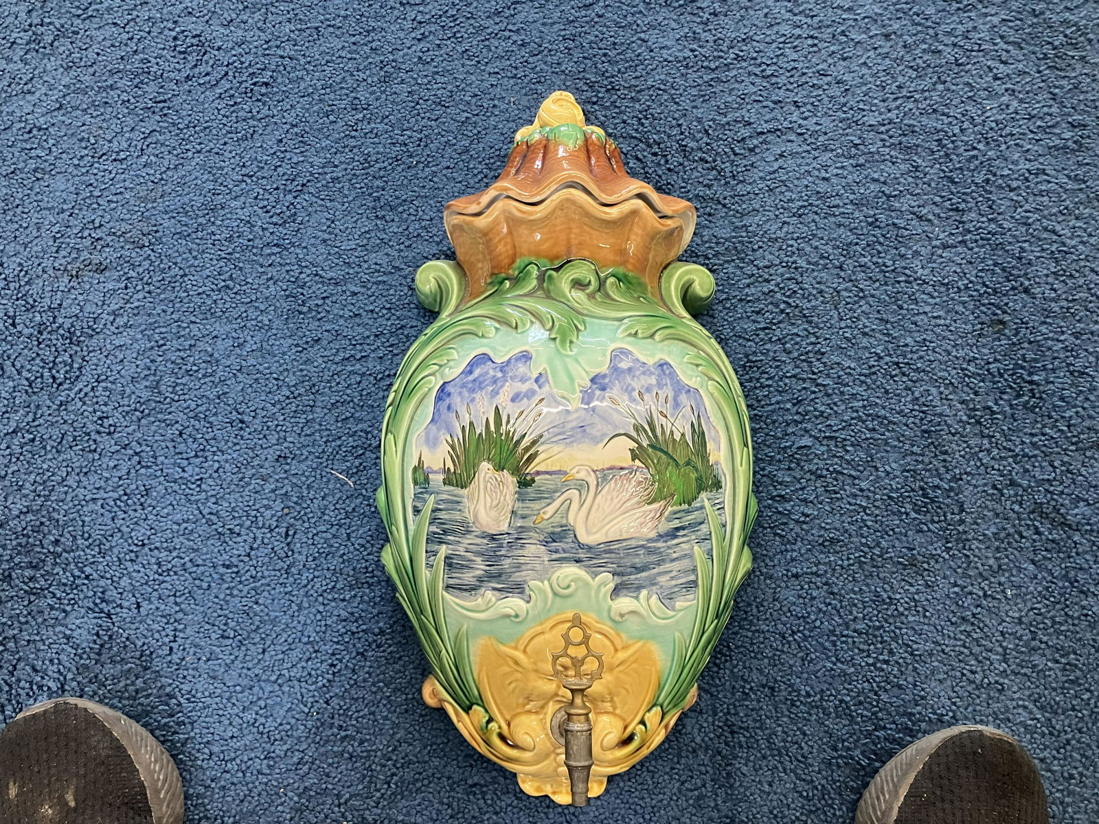 French Majolica Wall Mounted Dispensor: marked "heart1", complete with lid. 20"H.