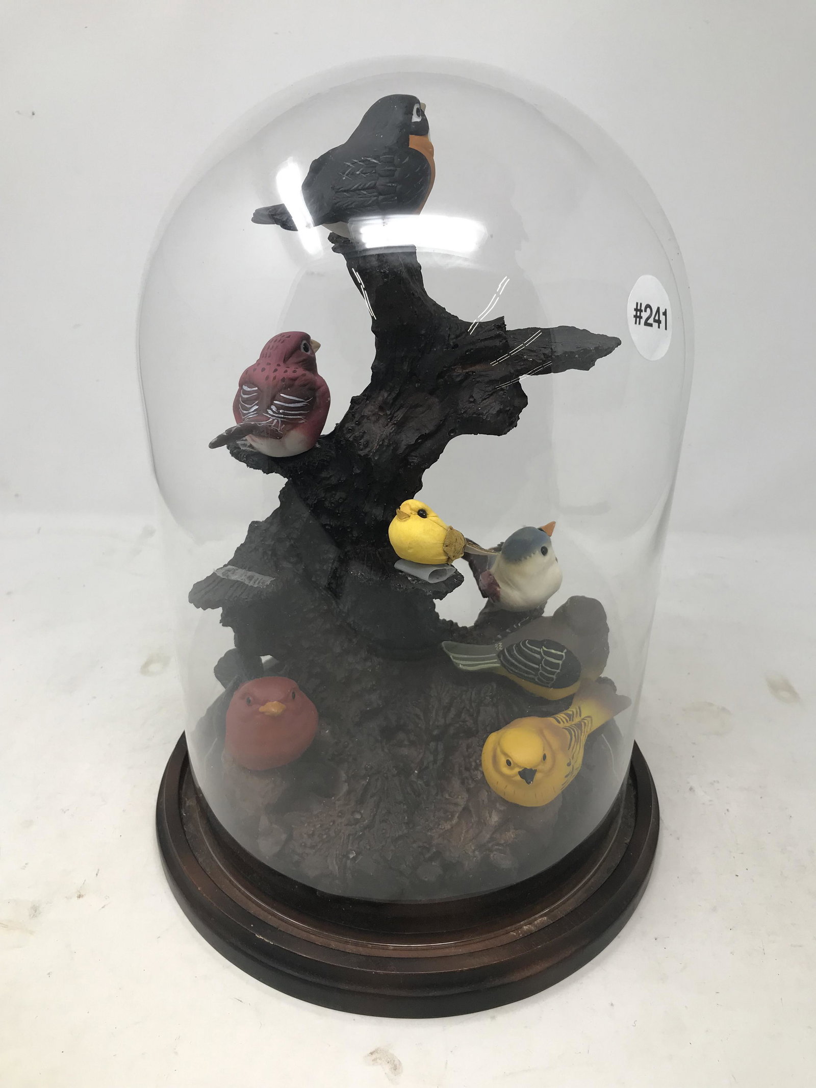 Bird Carving in Glass Dome: Measures 13" x 8". Signed United States Commemorative Fine Arts Gallery
