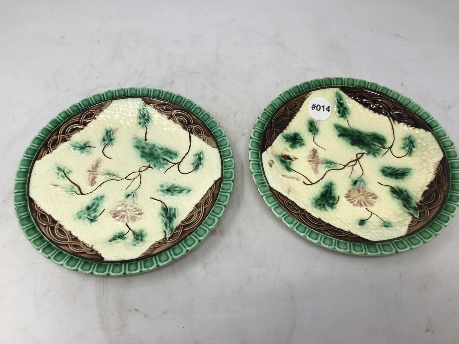 Pair of Minton's Majolica Plates: stamped, 7.5"W.