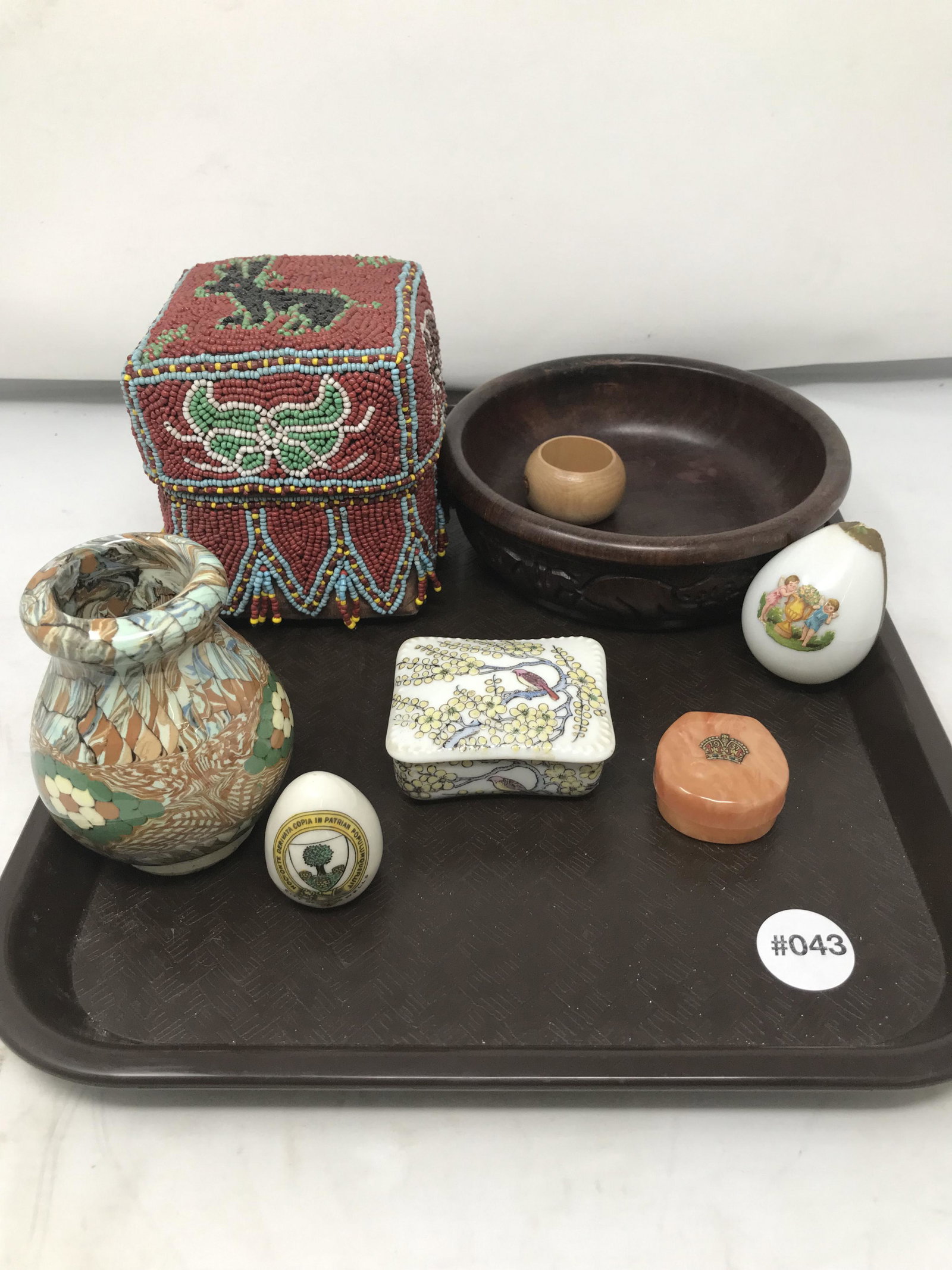 Mixed Lot: Includes a 5" beaded box, carved wooden bowl, porcelain eggs and more.