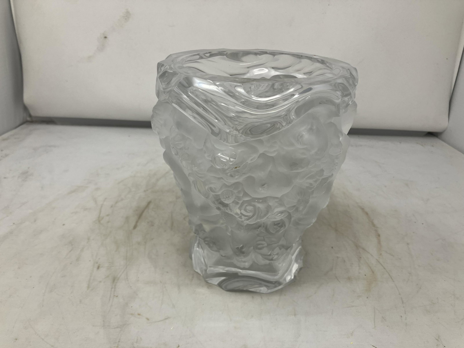 Lalique Style Crystal Vase: not signed or marked but in the style of lalique. 7.5"H.